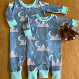 Moonlight mountain - long sleeve pull up romper - ready to post