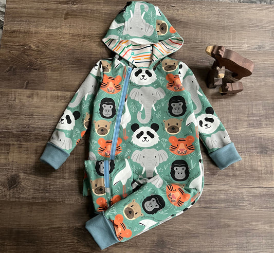 Animals Green - Long Zip Up Coverall - Ready To Post 12-18m