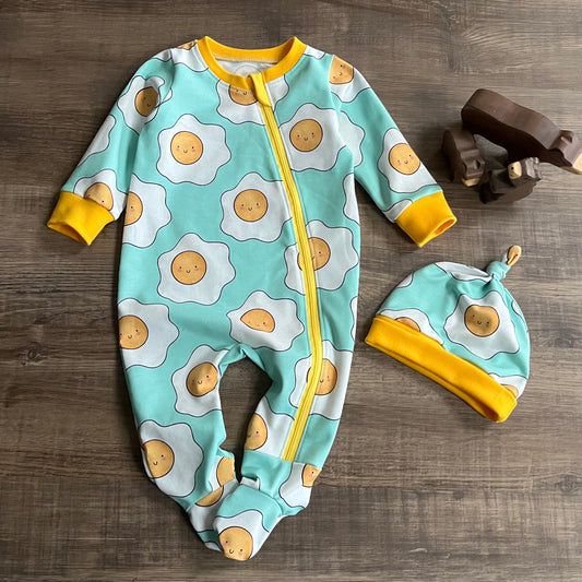 Fried egg babygrow and knotted hat - 3-6m
