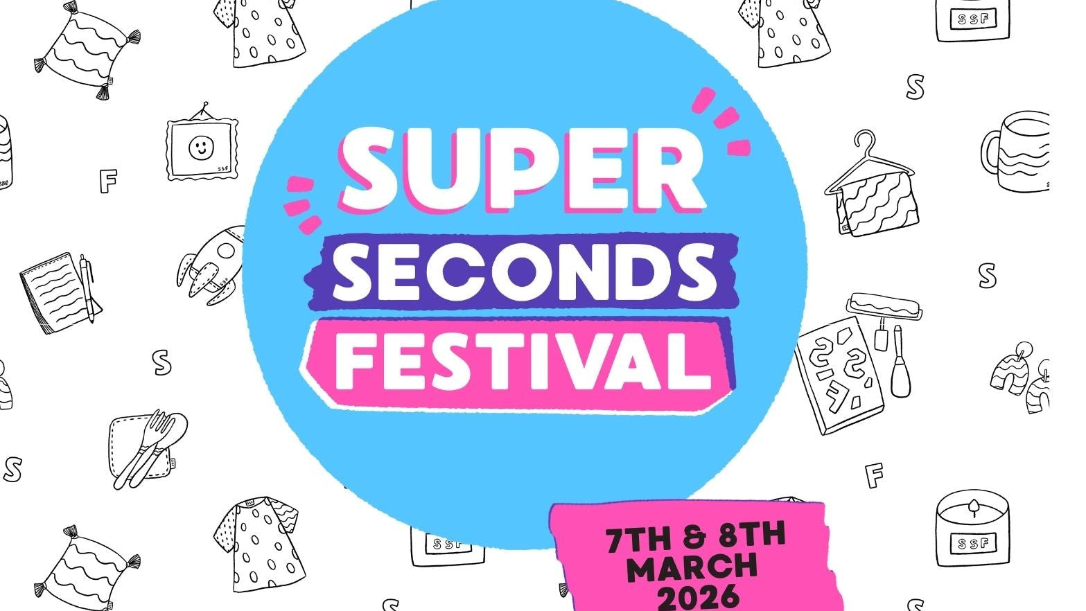 Promotional graphic for Super Seconds Festival with event date on a white background