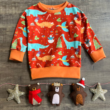 Christmas Dinos Slouchy Sleeve jumper - Ready to Post