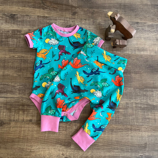 Dragons - Tropical - bodysuit and harem set - 6-12m