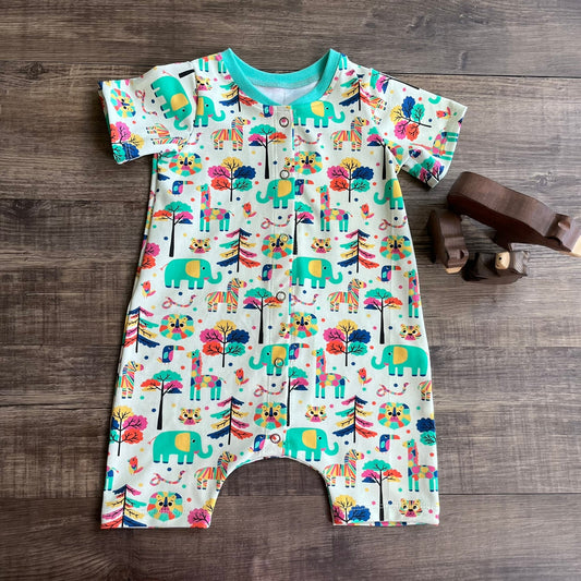 Safari- popper down romper - ready to post 9-12m